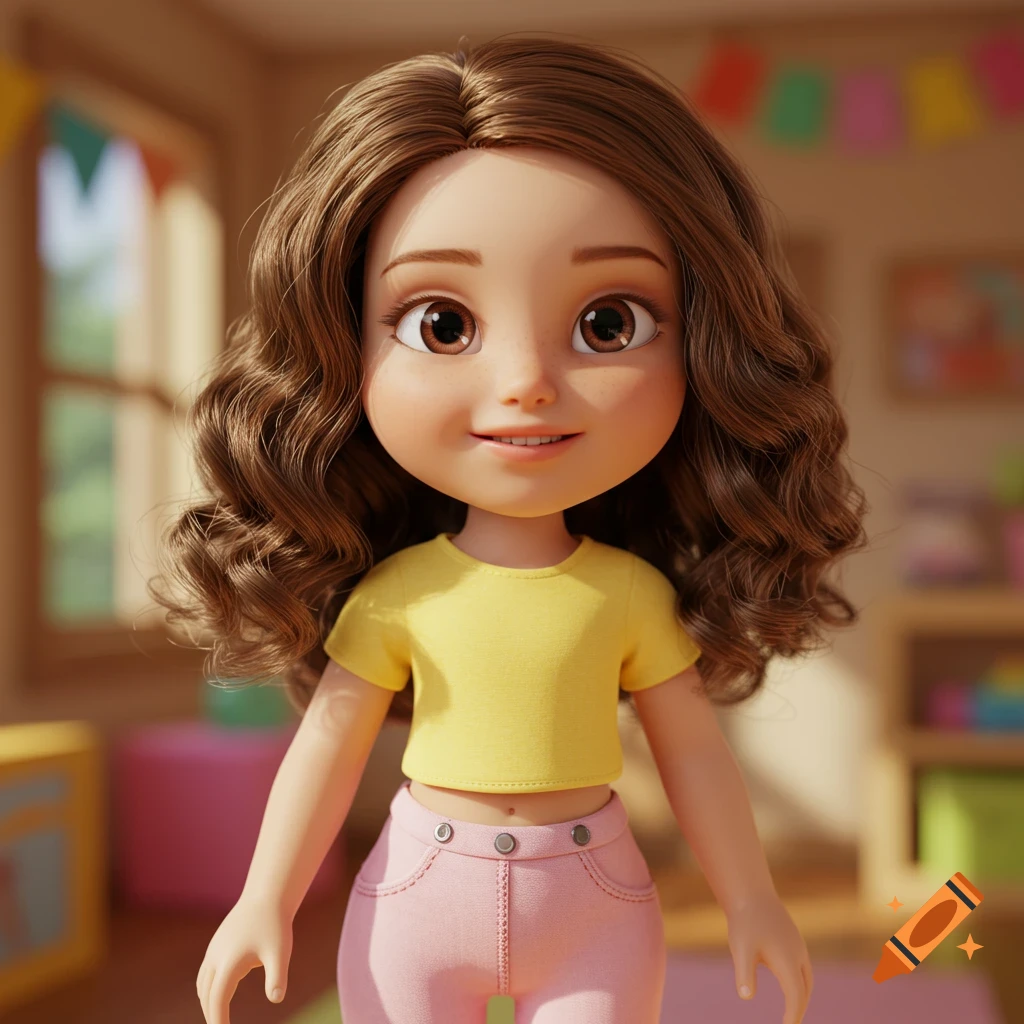 3D render of a cute cartoon doll with brown hair, big brown eyes, yellow crop top, and pink pants in a bright room.