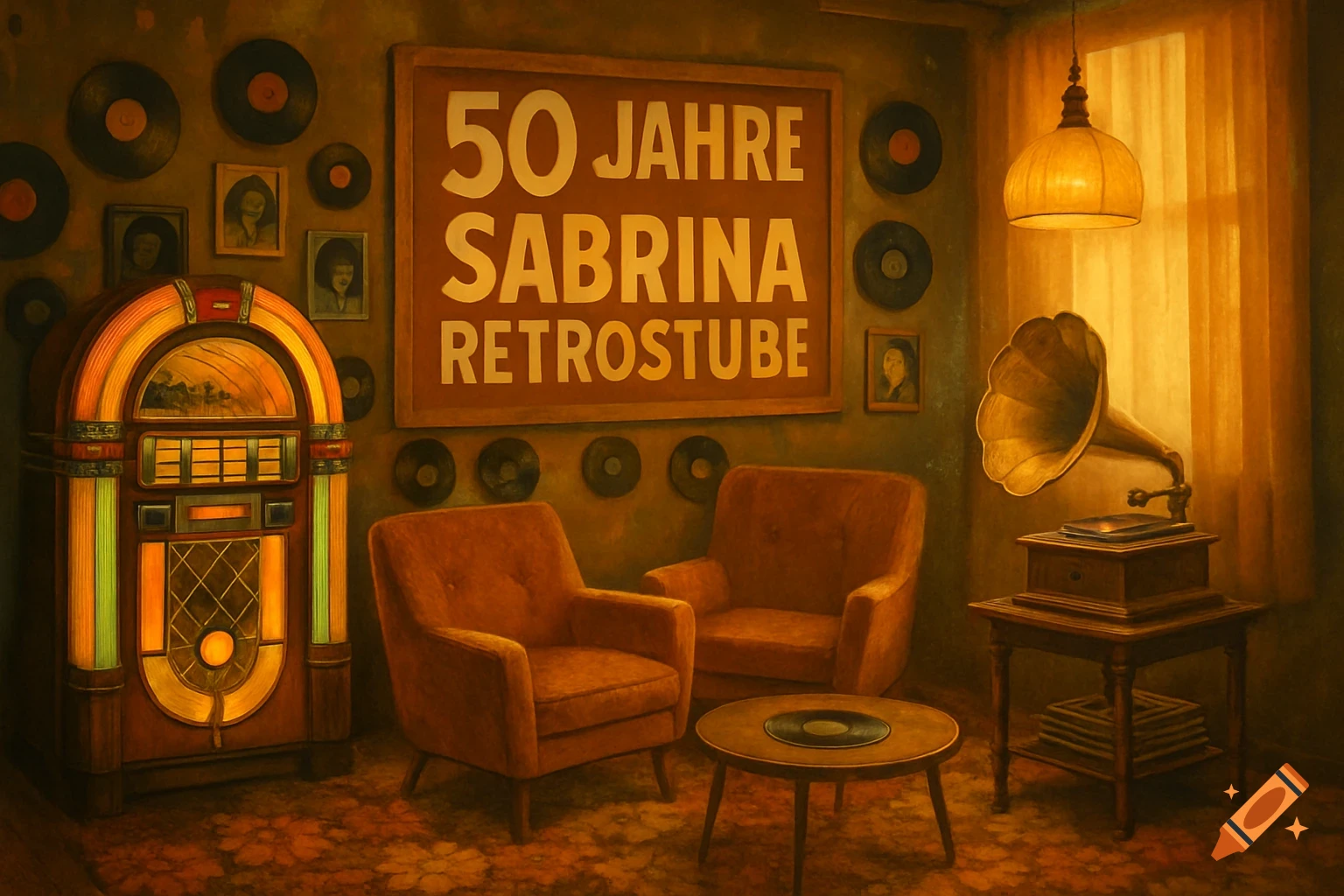 A warmly lit retro room with a jukebox, two armchairs, a gramophone, and a sign reading '50 Jahre Sabrina Retrostube'.