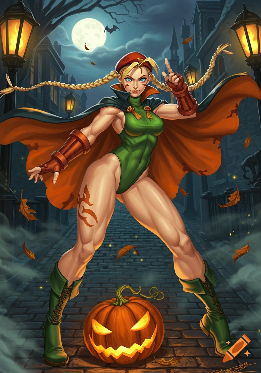 Illustrated Cammy from Street Fighter in Halloween costume on a dark, spooky street with a jack-o'-lantern under a full moon.