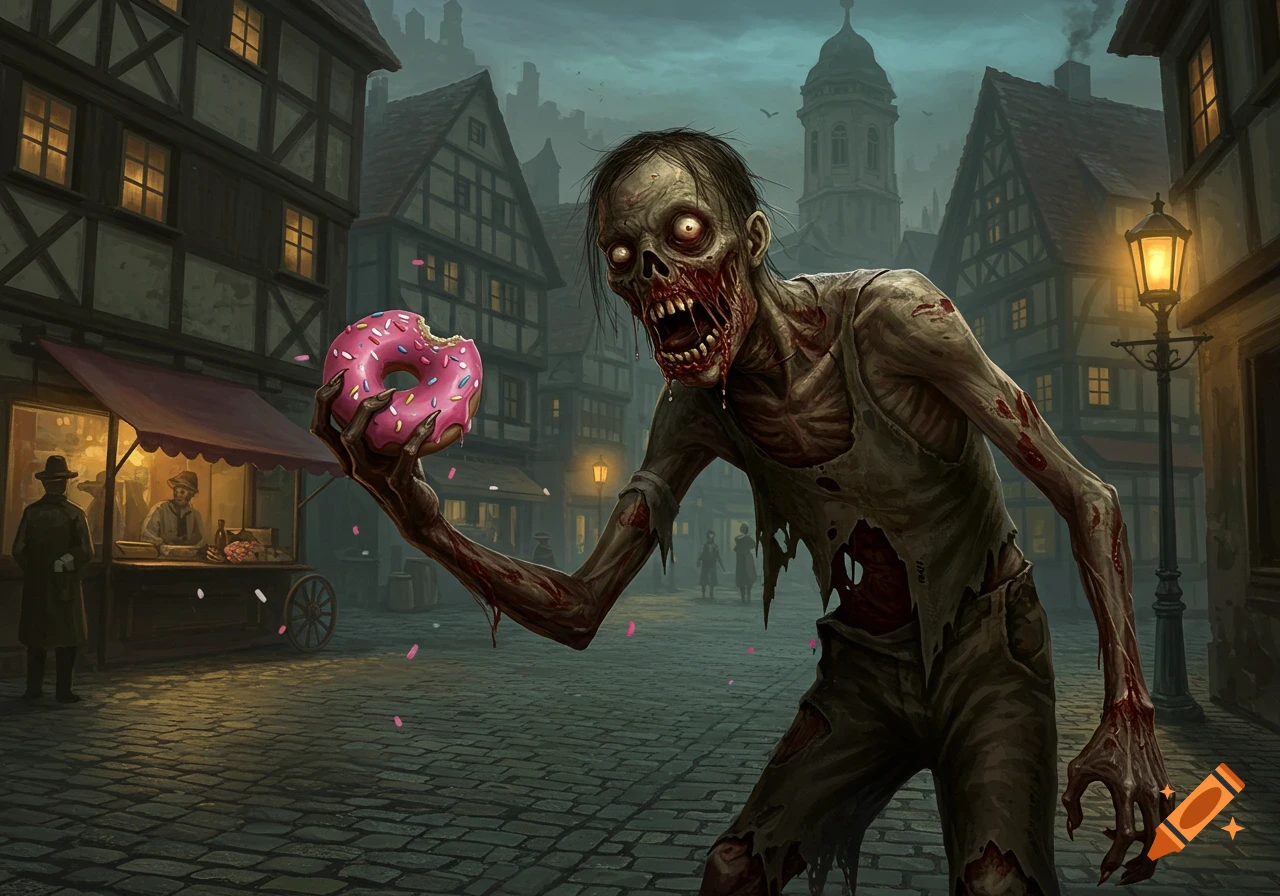 A grotesque zombie with glowing eyes holds a bitten pink donut on a dark, cobblestone street with old European buildings.