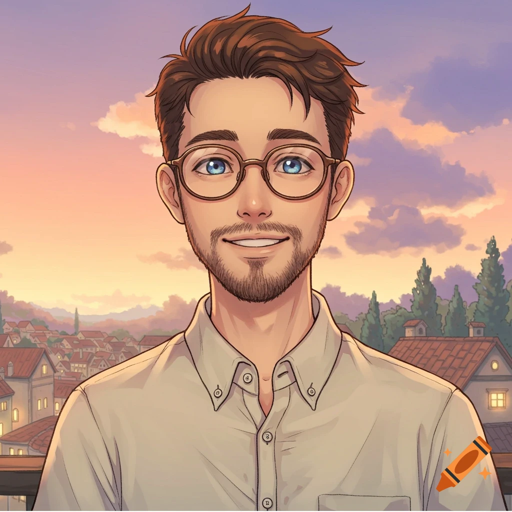 Anime portrait of a smiling man with glasses, beard, and blue eyes, set against a peaceful town at sunset.