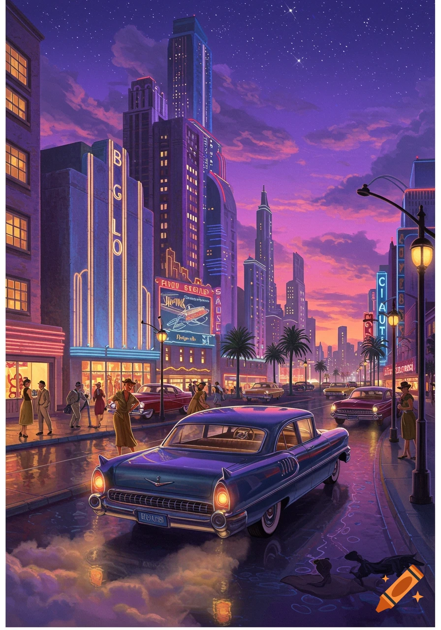 Vibrant retro-futuristic city street at dusk, with classic cars, neon-lit skyscrapers, and stylishly dressed people on wet pavement under a starry purple sky.