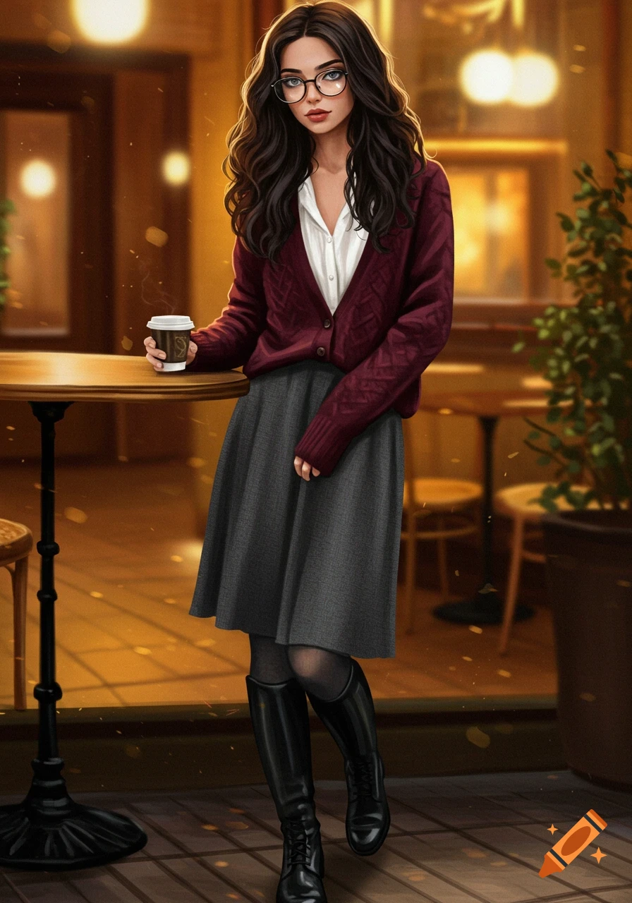 A young woman with dark wavy hair and glasses in a red cardigan, white blouse, gray skirt, and black boots stands in a cafe holding coffee.
