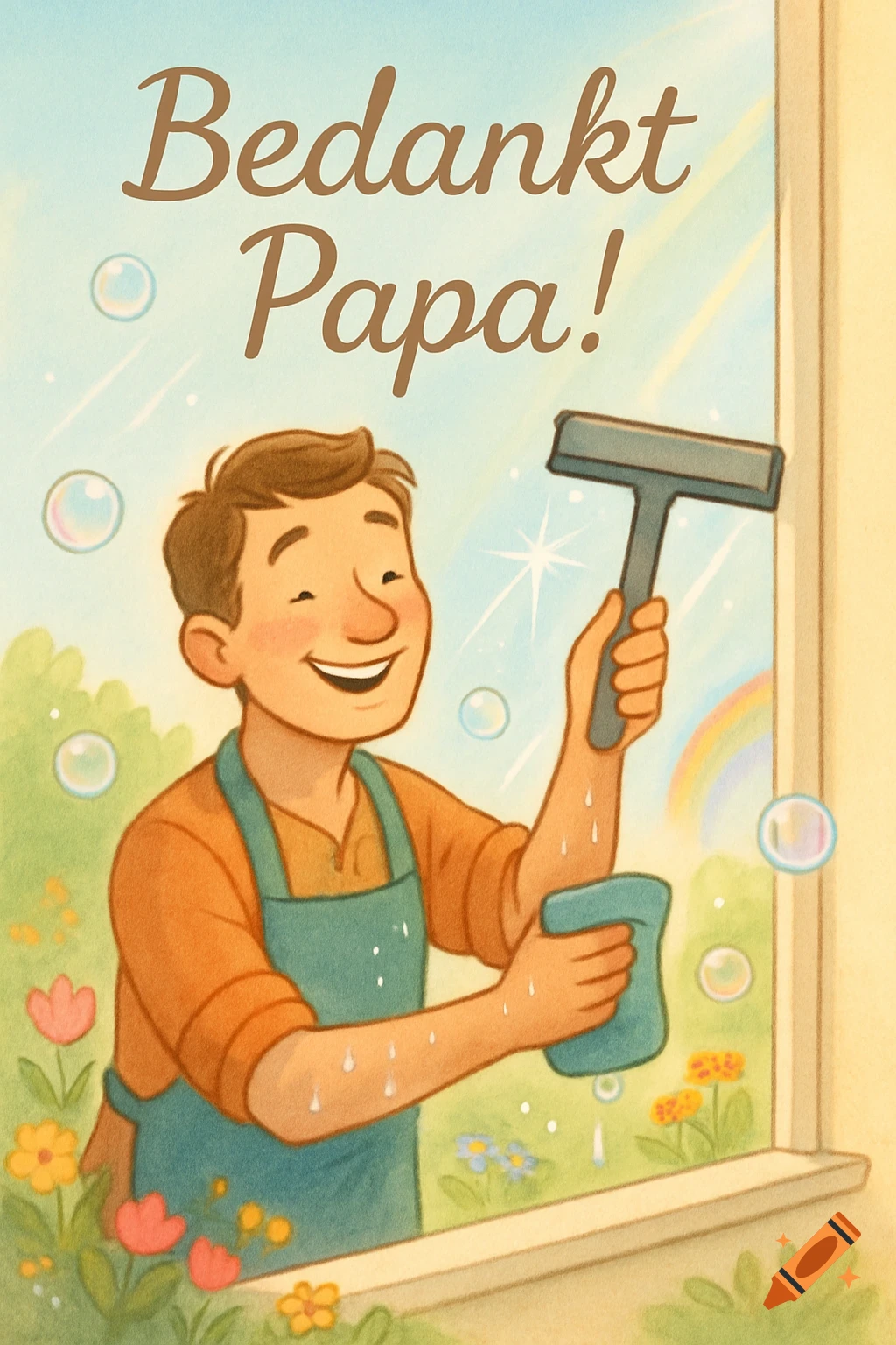 A smiling cartoon dad wearing an apron, cleaning a window with a squeegee and cloth, with 'Bedankt Papa!' text above.