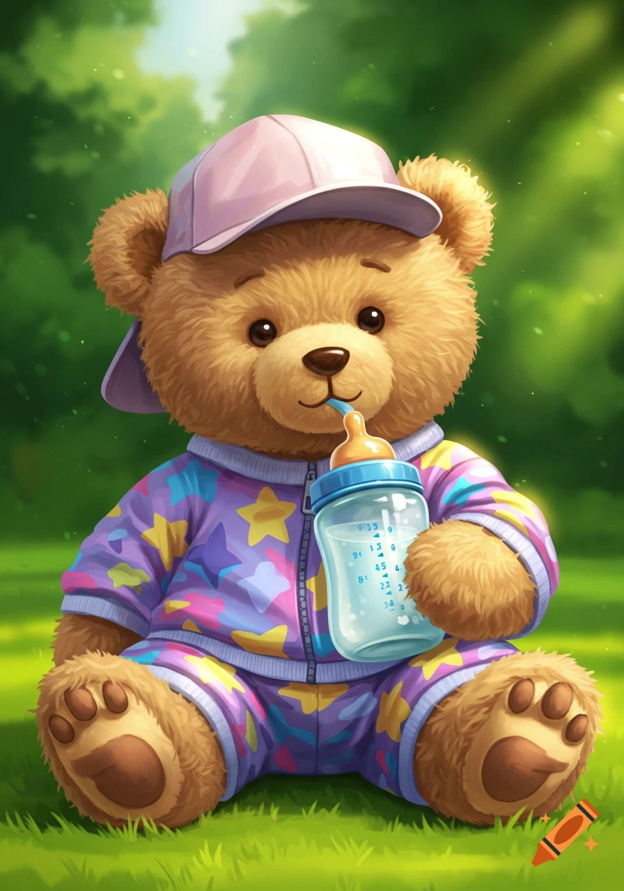 A cute cartoon teddy bear in a pink cap and colorful jumpsuit sits in green grass, drinking from a baby bottle.
