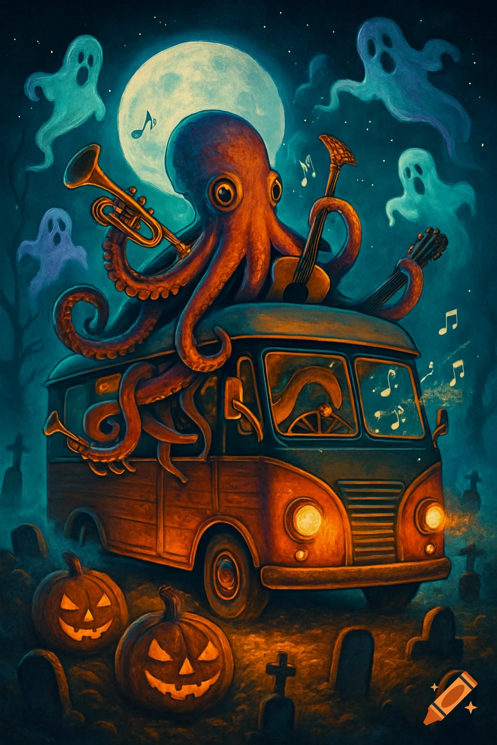 Halloween illustration of a musical octopus on a vintage van, surrounded by ghosts, jack-o-lanterns, and gravestones at night.