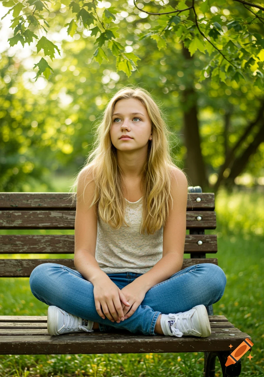 Photorealistic portrait of a young blonde girl sitting cross-legged on a park bench, looking up at dappled sunlight through green leaves.