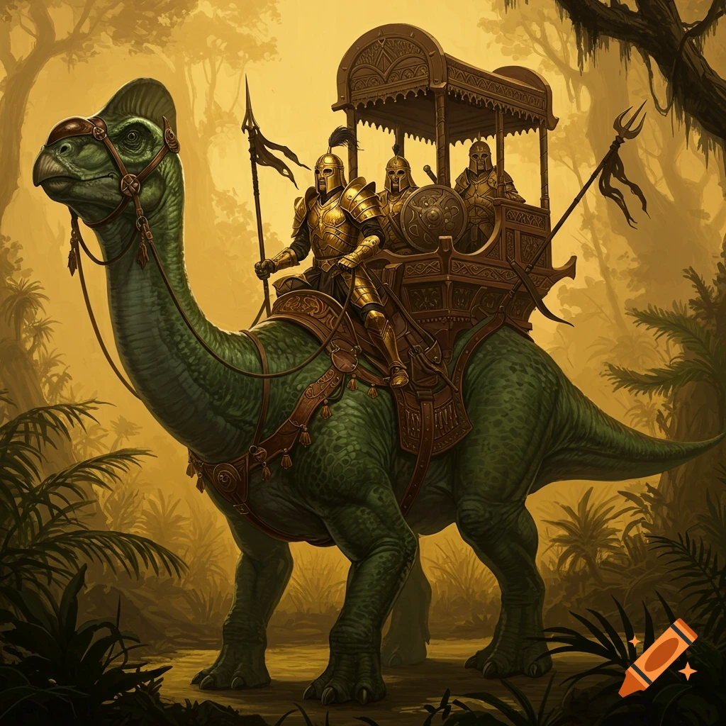 Golden-armored fantasy warriors ride a howdah on a green hadrosaur through a lush, golden-hued jungle.