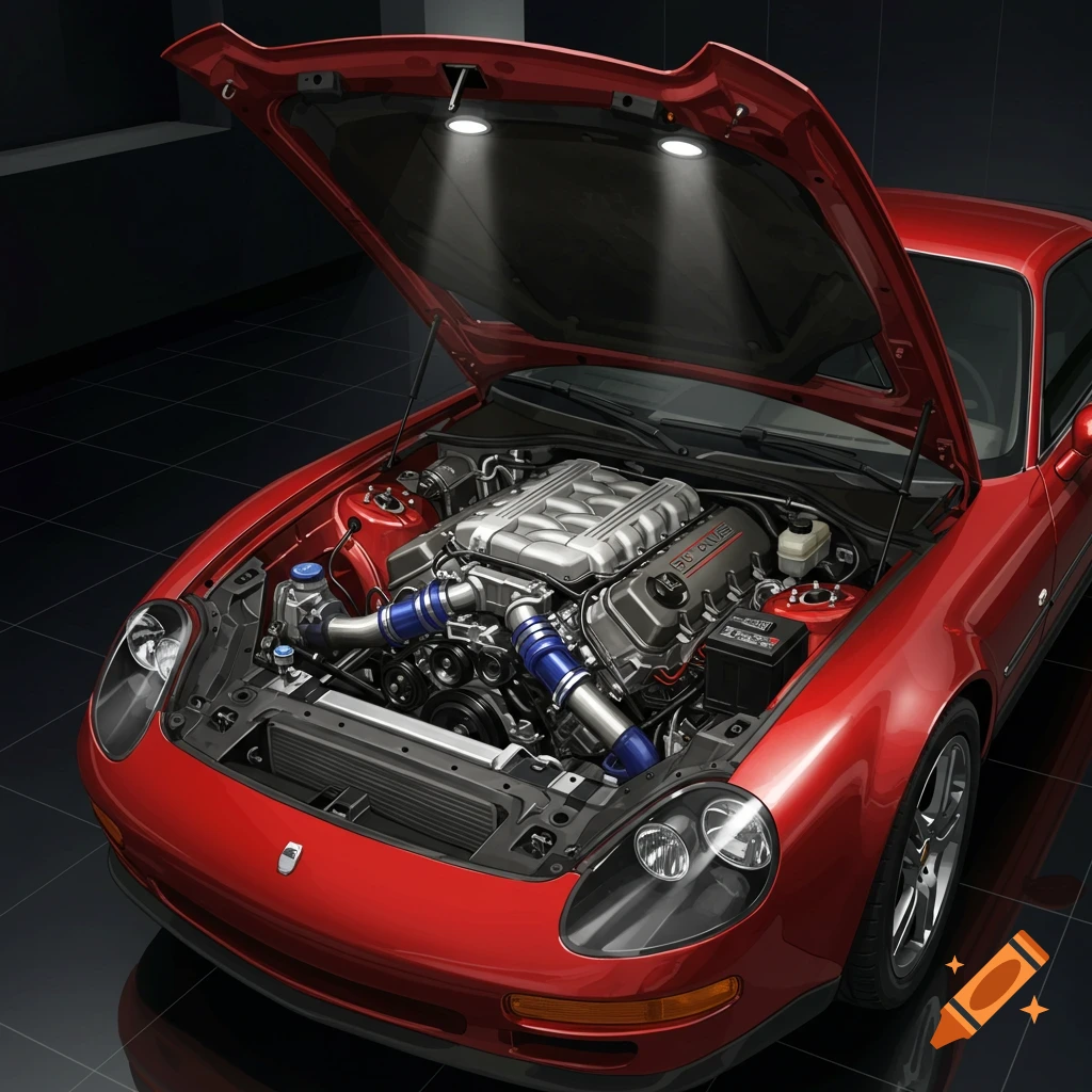 Red sports car with its hood open, revealing a highly detailed V8 engine in a dark garage. Realistic style.
