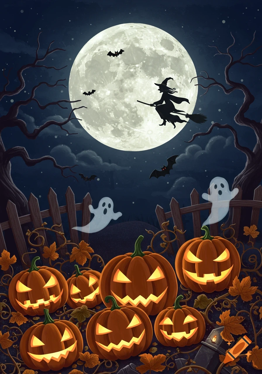 Whimsical Halloween illustration with a witch on a broomstick, glowing full moon, bats, ghosts, and smiling jack-o'-lanterns.