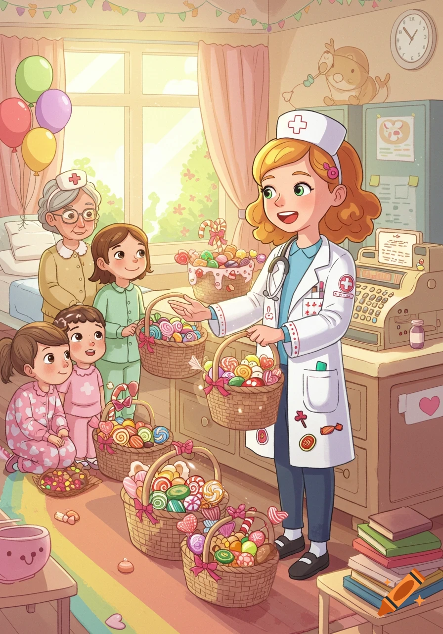 A cheerful cartoon doctor in a bright hospital room gives baskets of colorful sweets to smiling children and an elderly patient.