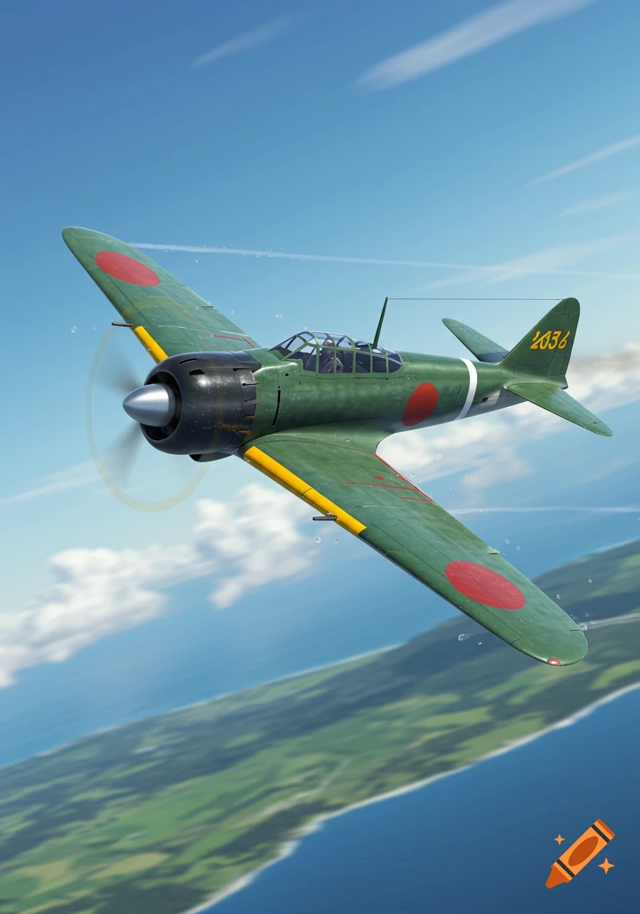 A green Japanese Zero fighter plane with red roundels and yellow stripes flying over an ocean and green land under a partly cloudy sky.