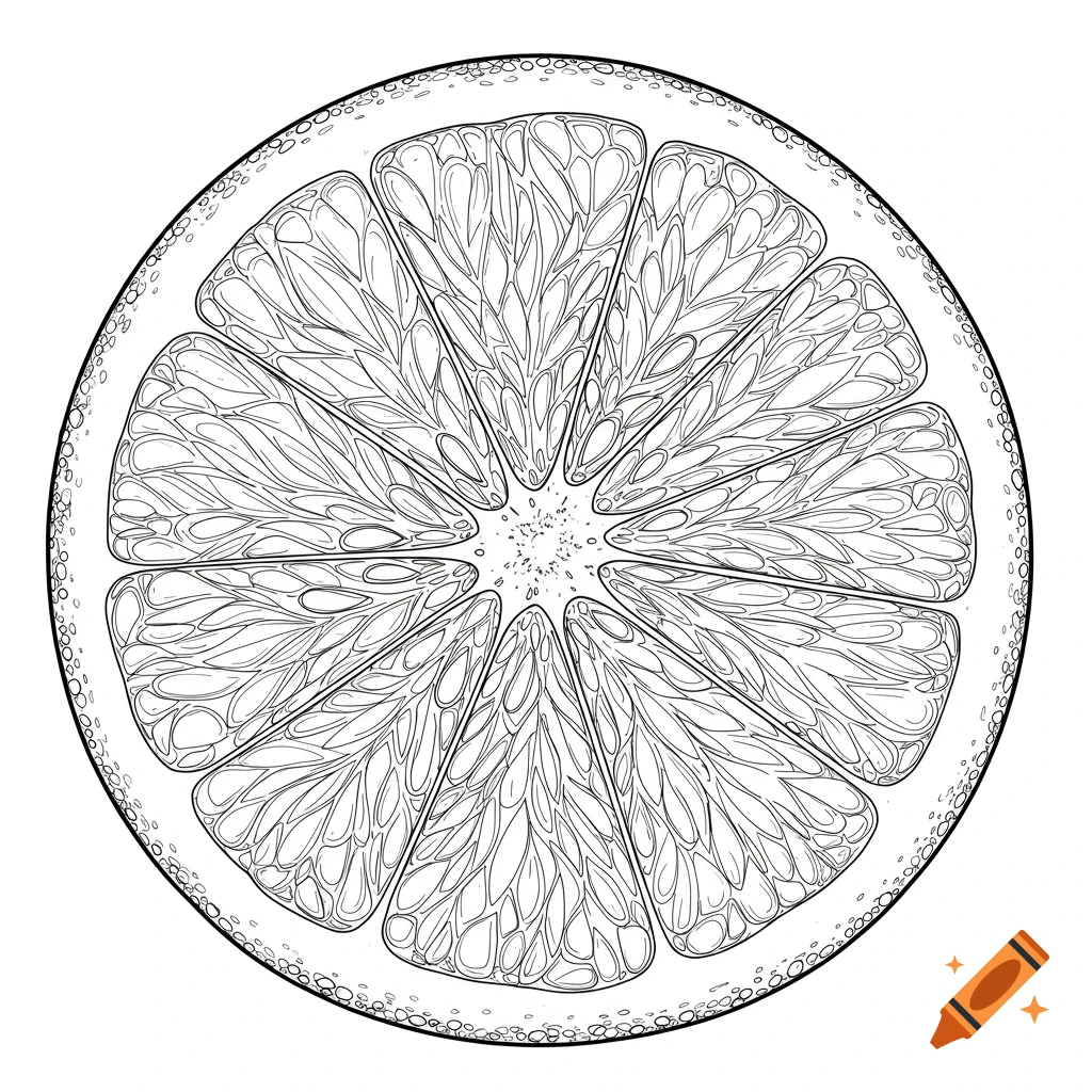 Black and white line drawing of a round orange slice, showing segments and rind texture.