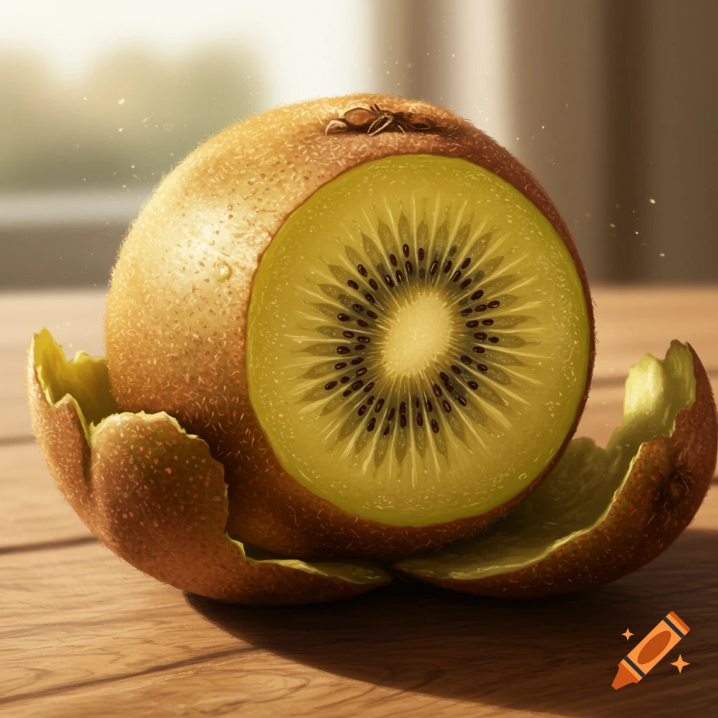Photorealistic image of a kiwi with its skin partially peeled, revealing its golden-yellow flesh and black seeds, on a wooden surface.