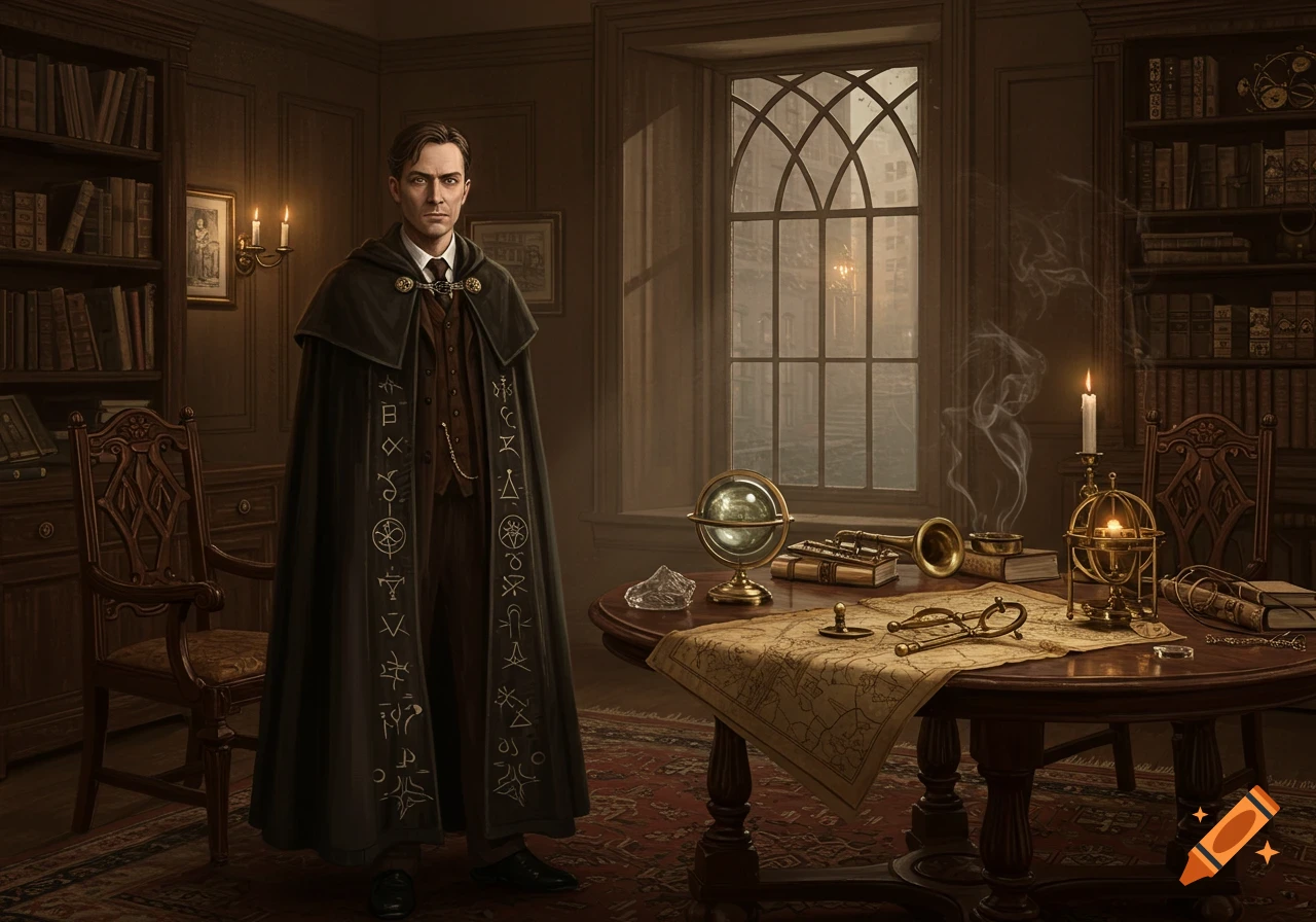 A serious man in a dark, patterned cloak stands in a dimly lit historical study with books, a window, and occult instruments.