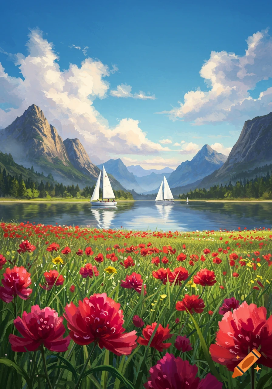 Vibrant digital painting of a tranquil mountain lake with sailboats, a field of red flowers, and a blue, cloudy sky.