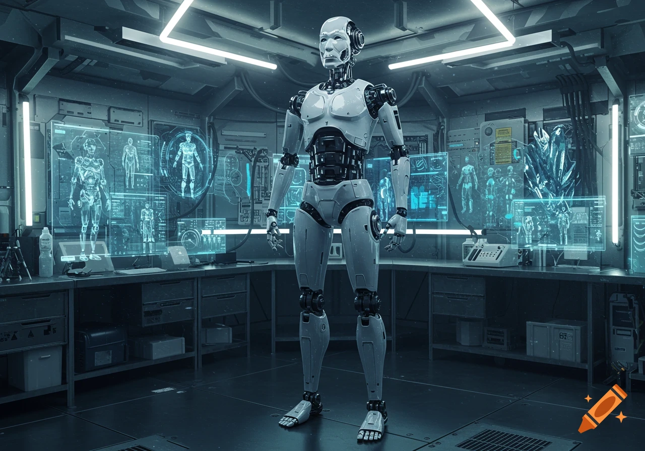 A white humanoid robot stands centrally in a futuristic laboratory with neon lights and holographic screens displaying human schematics.