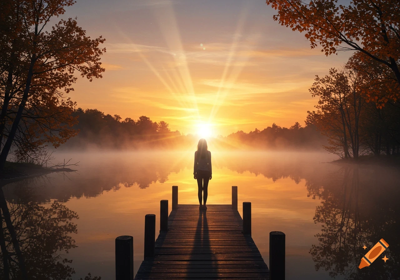 Silhouetted person on a wooden dock facing a vibrant orange and yellow sunrise over a misty lake with trees.