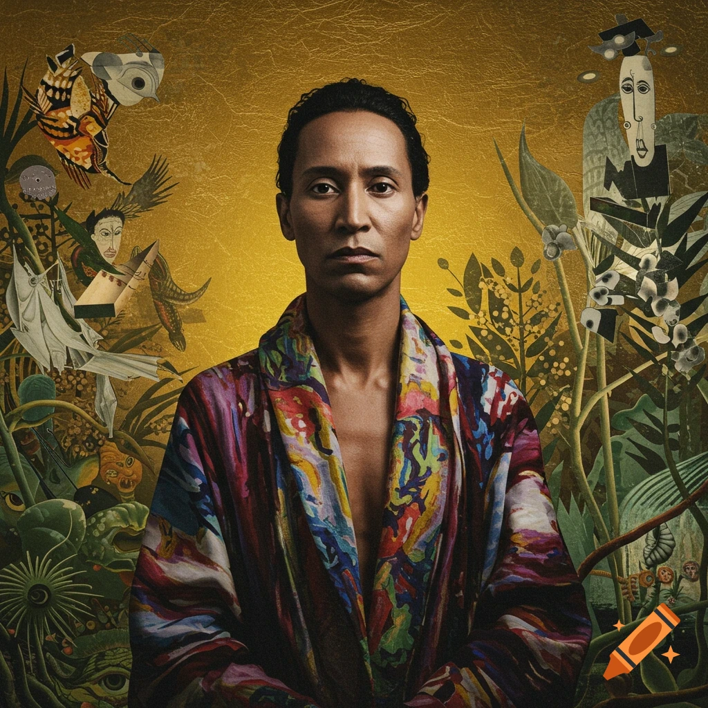 A man in a vibrant, colorful robe stares forward, surrounded by surreal gold and green botanical collage elements.
