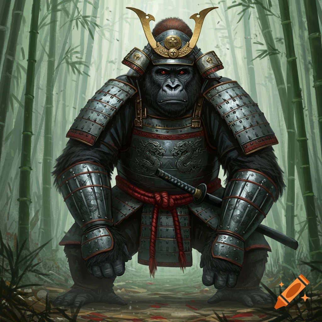 A fierce gorilla in detailed samurai armor with a katana stands in a bamboo forest.