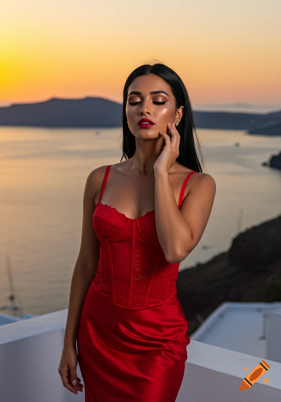 A glamorous woman in a red corset and silky skirt poses on a terrace overlooking a scenic sea and island at sunset.
