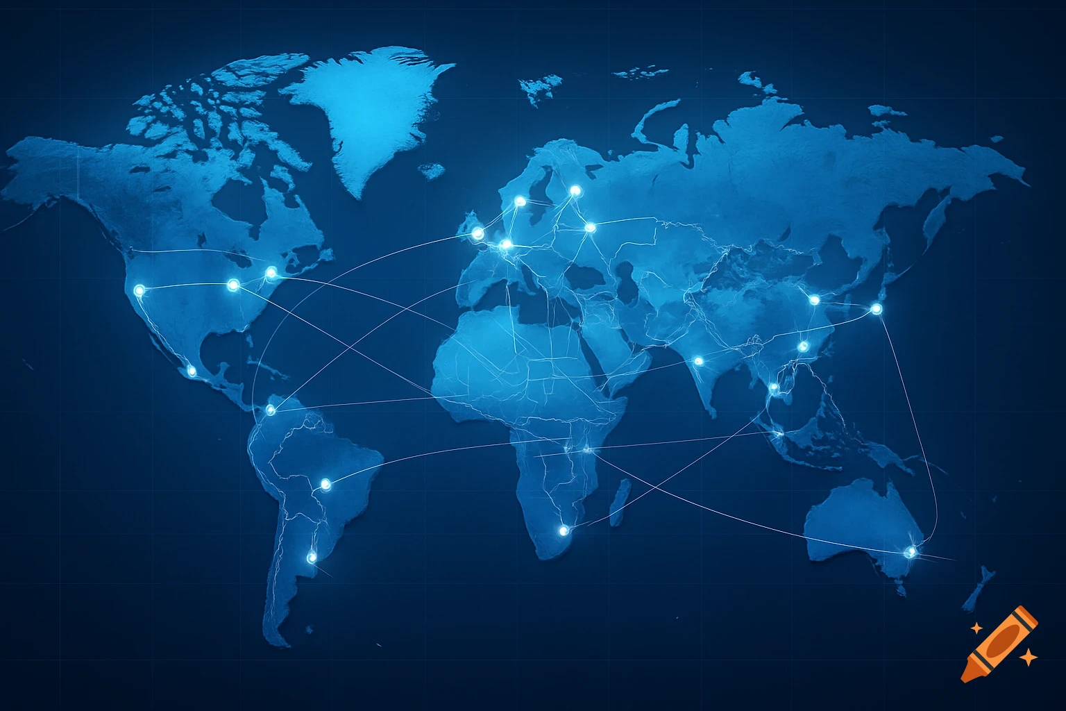 A blue digital world map with glowing points and connecting lines showing a global network.