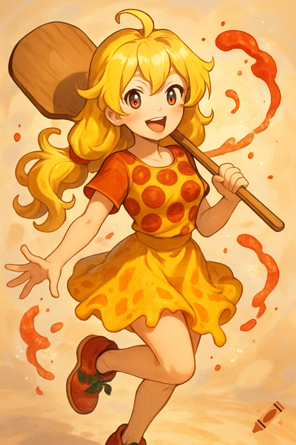 A cheerful anime girl with blonde hair in a pizza-themed dress, holding a large wooden paddle with red splatters.