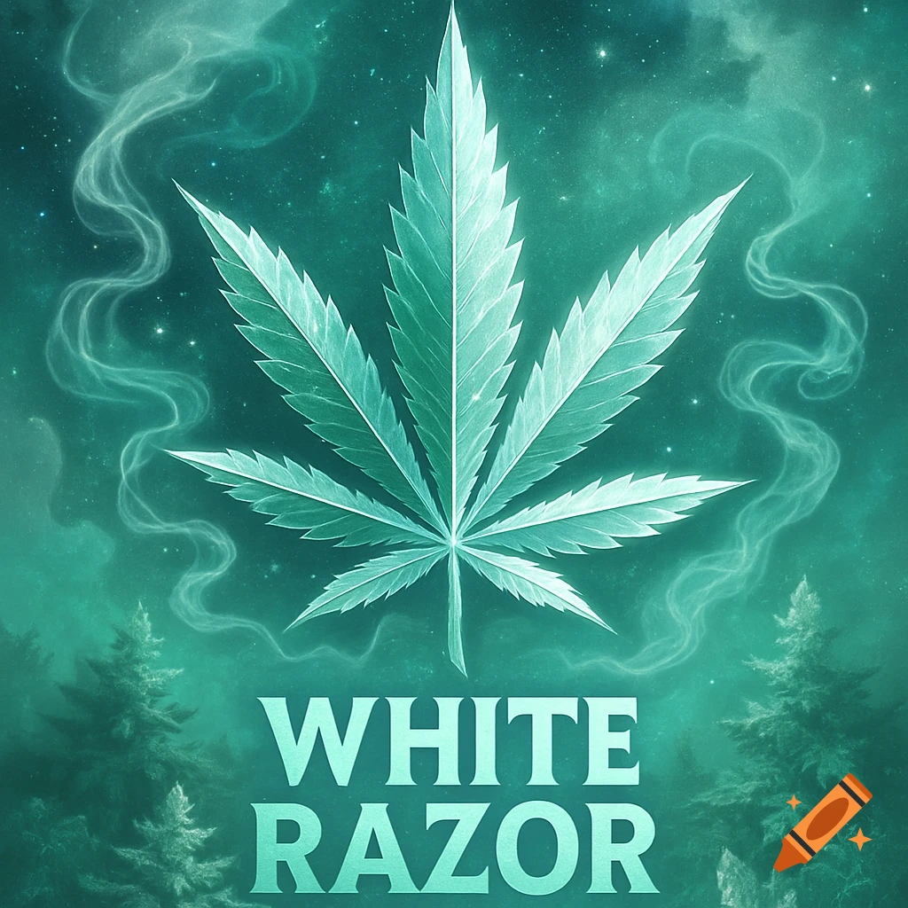 A glowing green cannabis leaf against a teal starry night sky with misty tendrils, evergreen trees, and 'WHITE RAZOR' text.