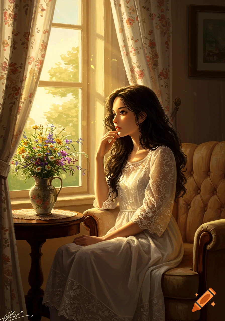 A digital painting of a pensive woman with long dark hair, in a white lace dress, sitting by a sunlit window with flowers.