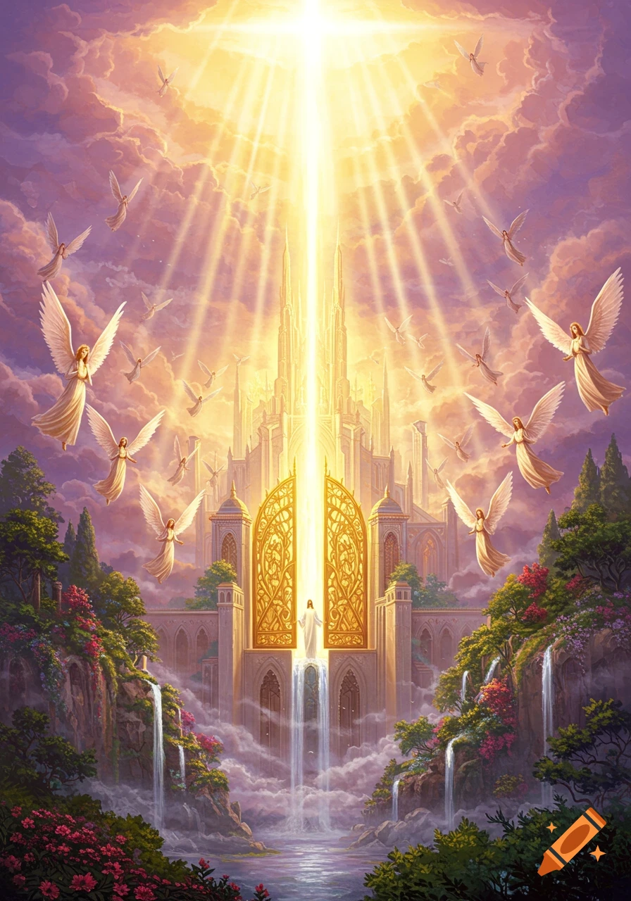 A radiant heavenly kingdom with a grand, glowing palace, waterfalls, lush gardens, and angels flying in a bright, cloudy sky.