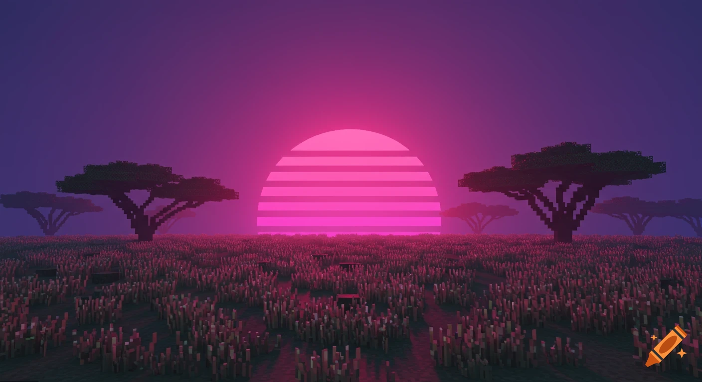 Pixel art synthwave sunset over a pixelated savannah with blocky acacia trees under a pink and purple sky.