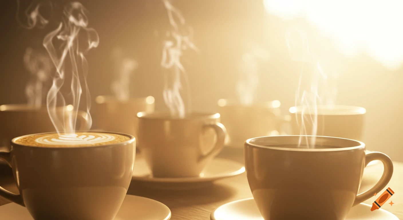 Several steaming coffee cups, one with latte art, in a warm, brightly lit setting with shallow depth of field.