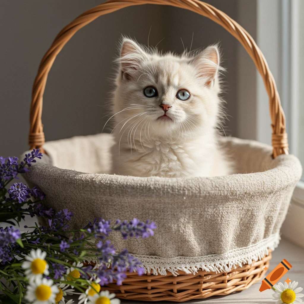 Fluffy white kitten with blue eyes sitting in a wicker basket, surrounded by lavender and daisies.