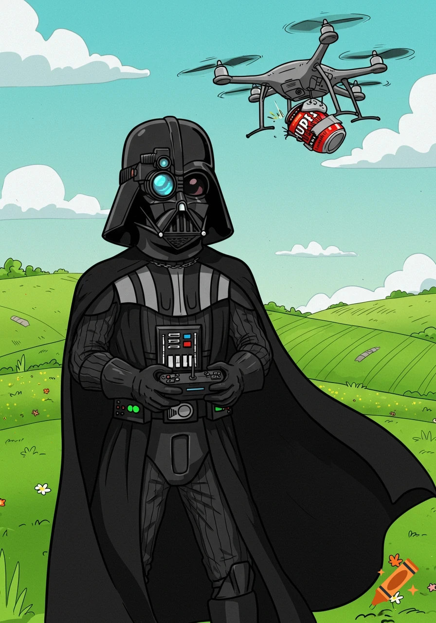 Darth Vader in a cartoon style, wearing night vision goggles, holds a drone controller as a drone carrying an energy drink flies above a green field.