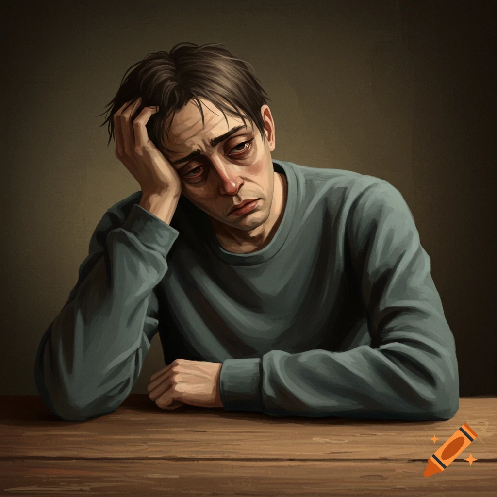 Painterly illustration of a tired man with dark circles under his drooping eyes, head resting on his hand at a wooden table.