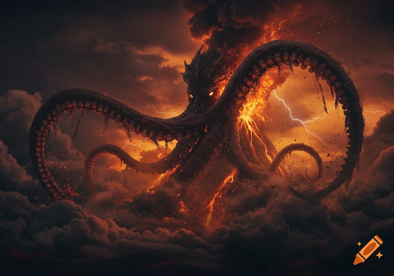 A giant kraken-like creature made of volcanic ash and fire rises from dark, stormy clouds with lightning.