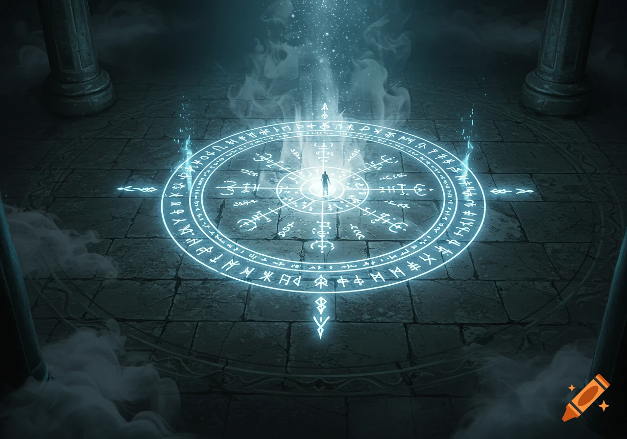 A dark, stone chamber with a glowing blue magic circle on the floor, radiating light and smoke, with a lone figure standing in its center.