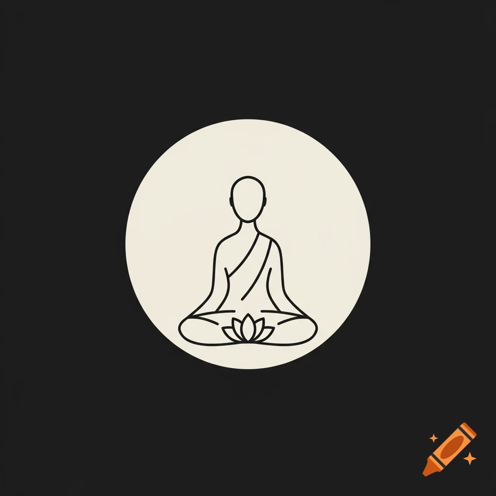 Minimalist line art logo of a meditating figure in zazen posture with a lotus flower, in a circle on black.