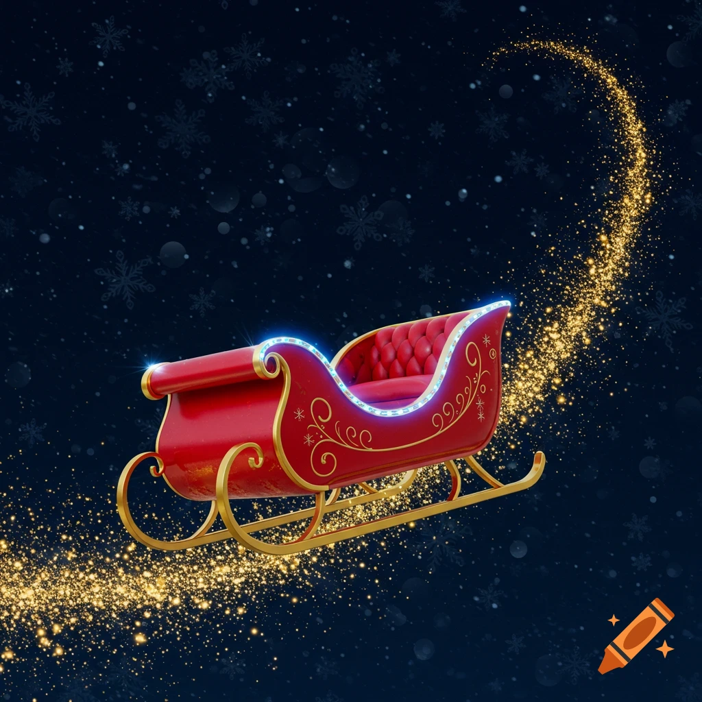 A modern red and gold Santa's sleigh with glowing blue accents flies through a dark, snowy night sky, leaving a magical golden trail.