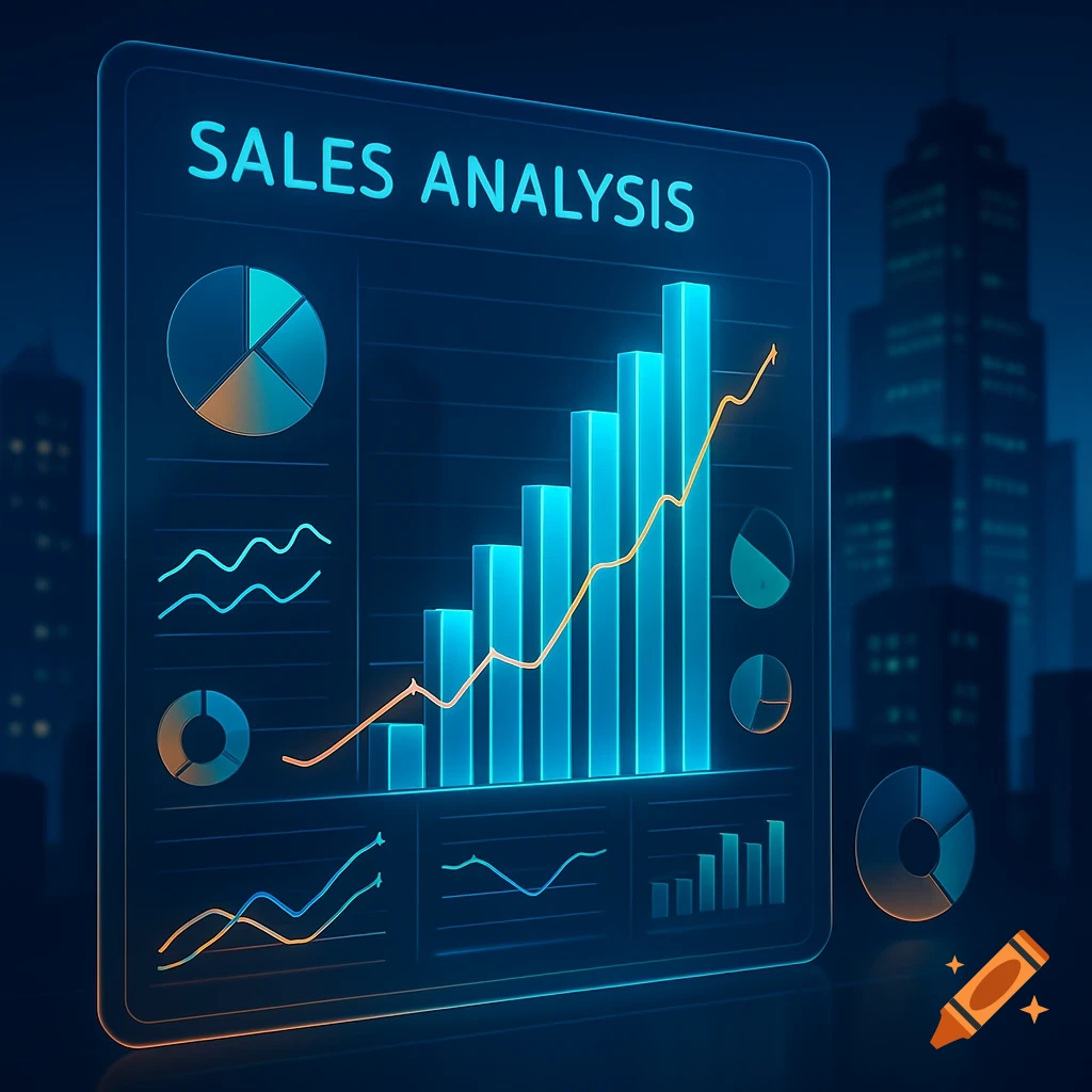 Digital sales analysis dashboard with glowing bar charts, line graphs, and pie charts against a dark cityscape background.