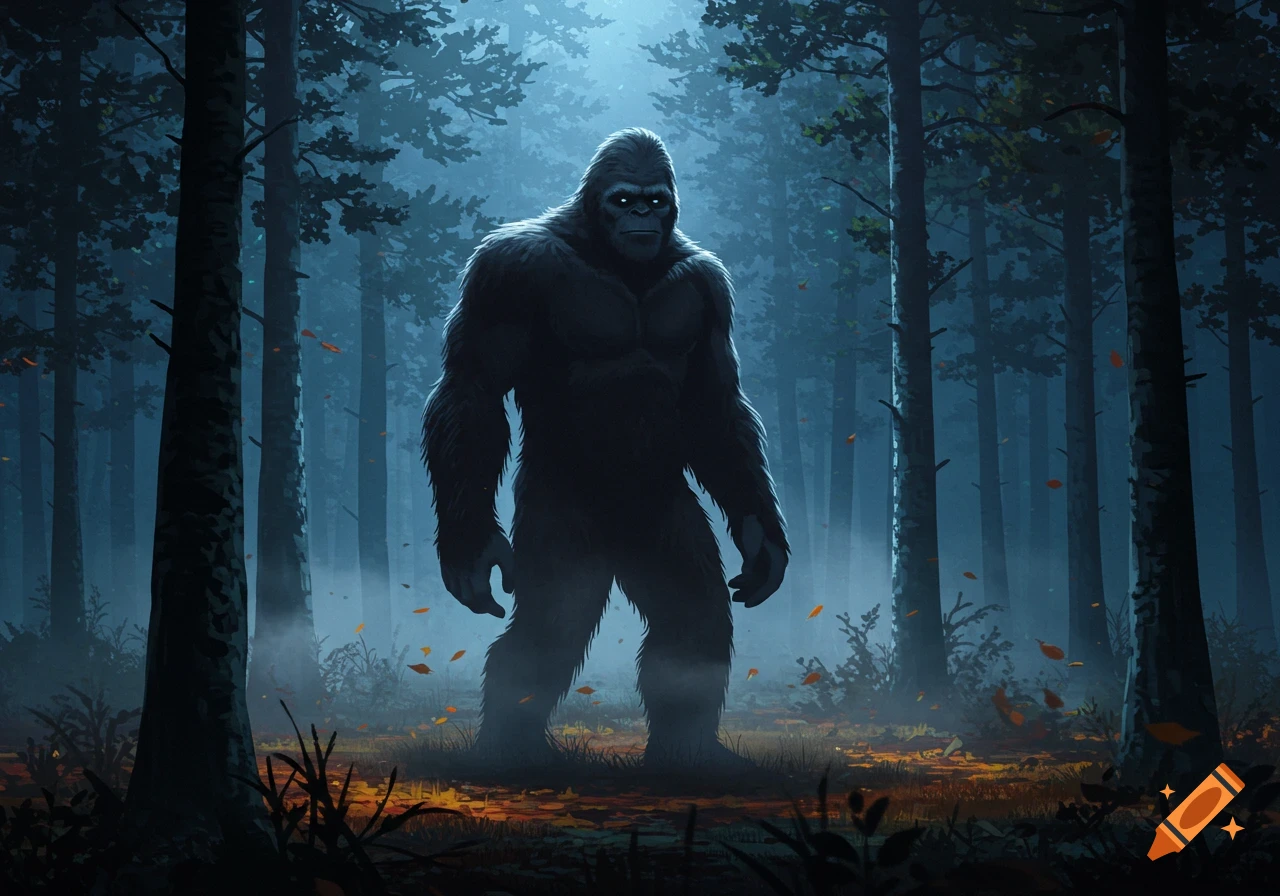 A large, dark, hairy Bigfoot creature stands in a misty, moonlit forest, with glowing eyes.