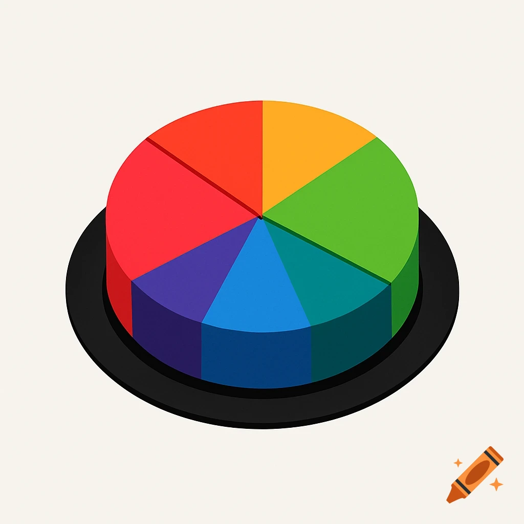 A 3D isometric view of a colorful pie chart with six equal slices in red, orange, yellow, green, blue, and purple, resting on a black base.