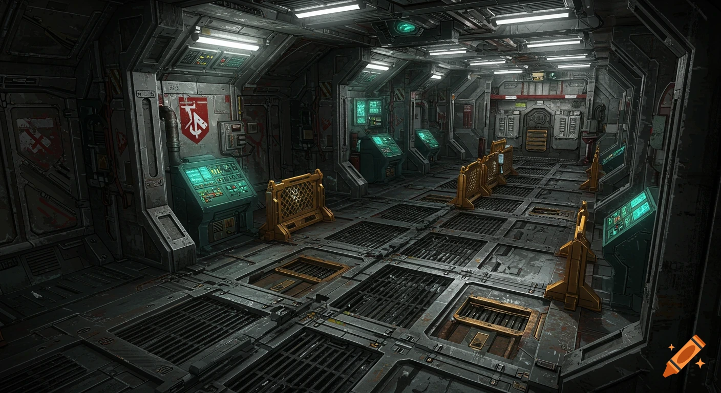Dark, grungy futuristic spaceship corridor with green-lit consoles and yellow safety barriers in a video game art style.