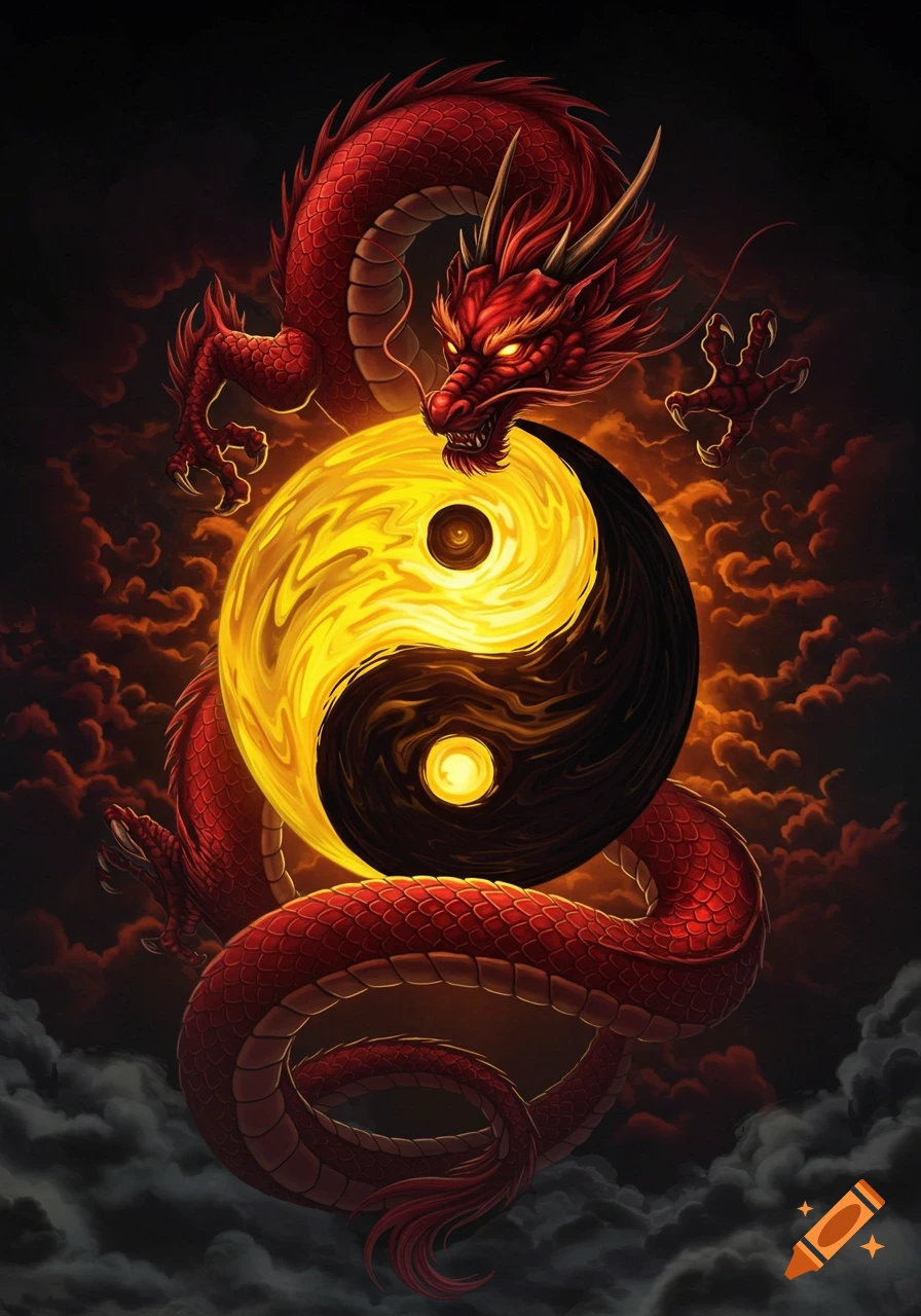 A majestic red dragon coils around a glowing yellow and black Yin Yang symbol against a dark, fiery, and cloudy background.