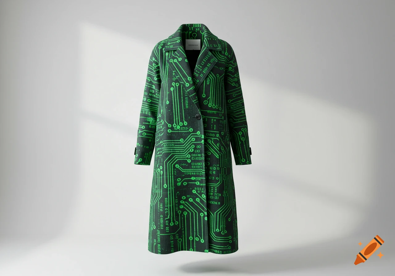 A long women's coat with a vibrant green circuit board pattern against a dark background, in a realistic photo style.