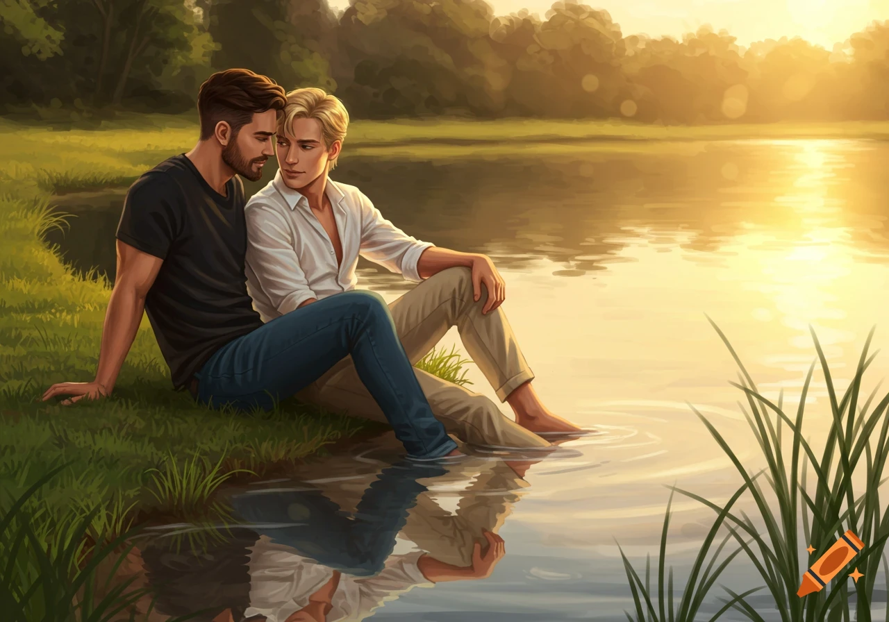 Two men cuddle on a grassy lake shore at sunset, feet in the water, illustrated style.