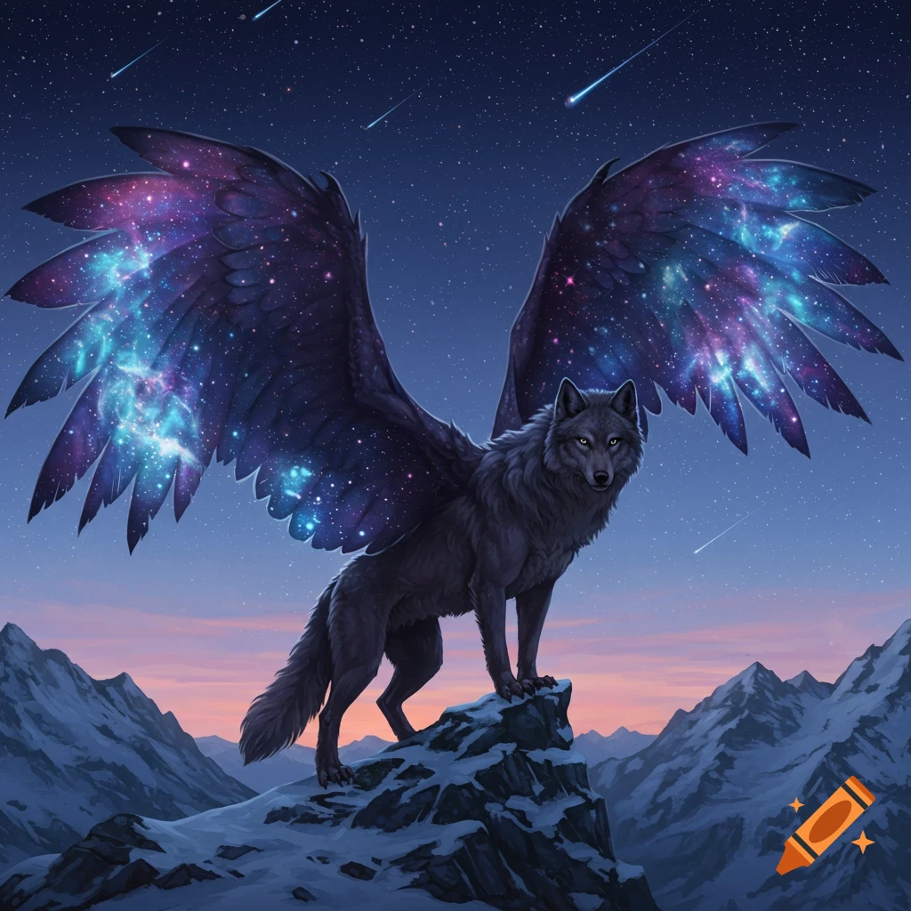 A majestic wolf with glowing galaxy wings stands on a snowy mountain peak under a starry night sky, digital art.