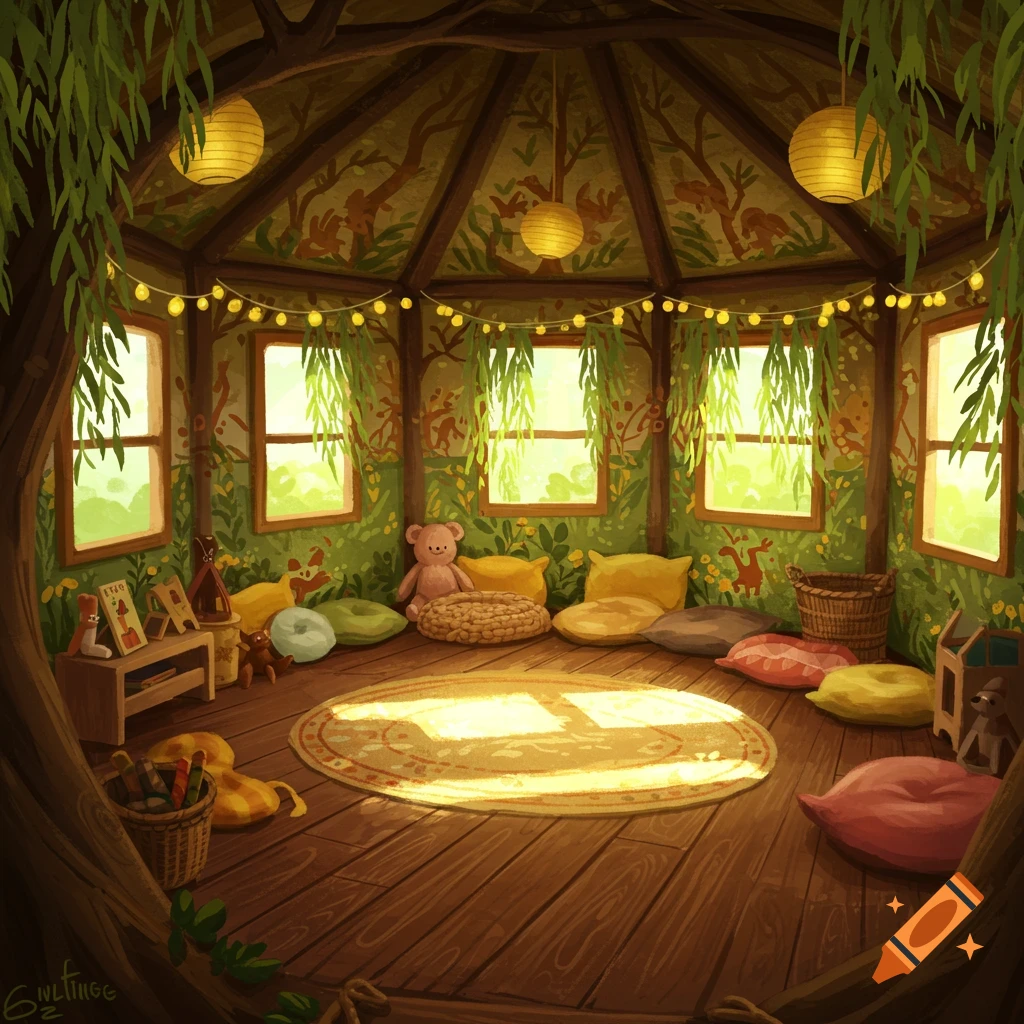 A cozy, illustrative treehouse interior with wooden floors, scattered cushions, toys, and warm sunlight shining through the windows.