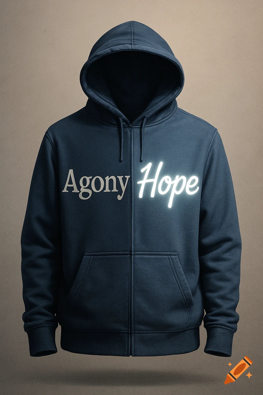 A navy blue hoodie with the word 'Agony' on the left and a glowing 'Hope' on the right, against a neutral background.