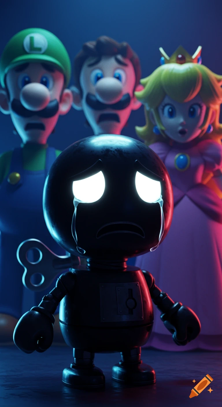 A crying black wind-up robot with glowing eyes in the foreground, with shocked Princess Peach, Luigi, and Mario behind, 3D render.